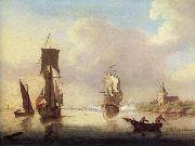 Francis Swaine, A yacht and a small man-o-war in a calm river near a church